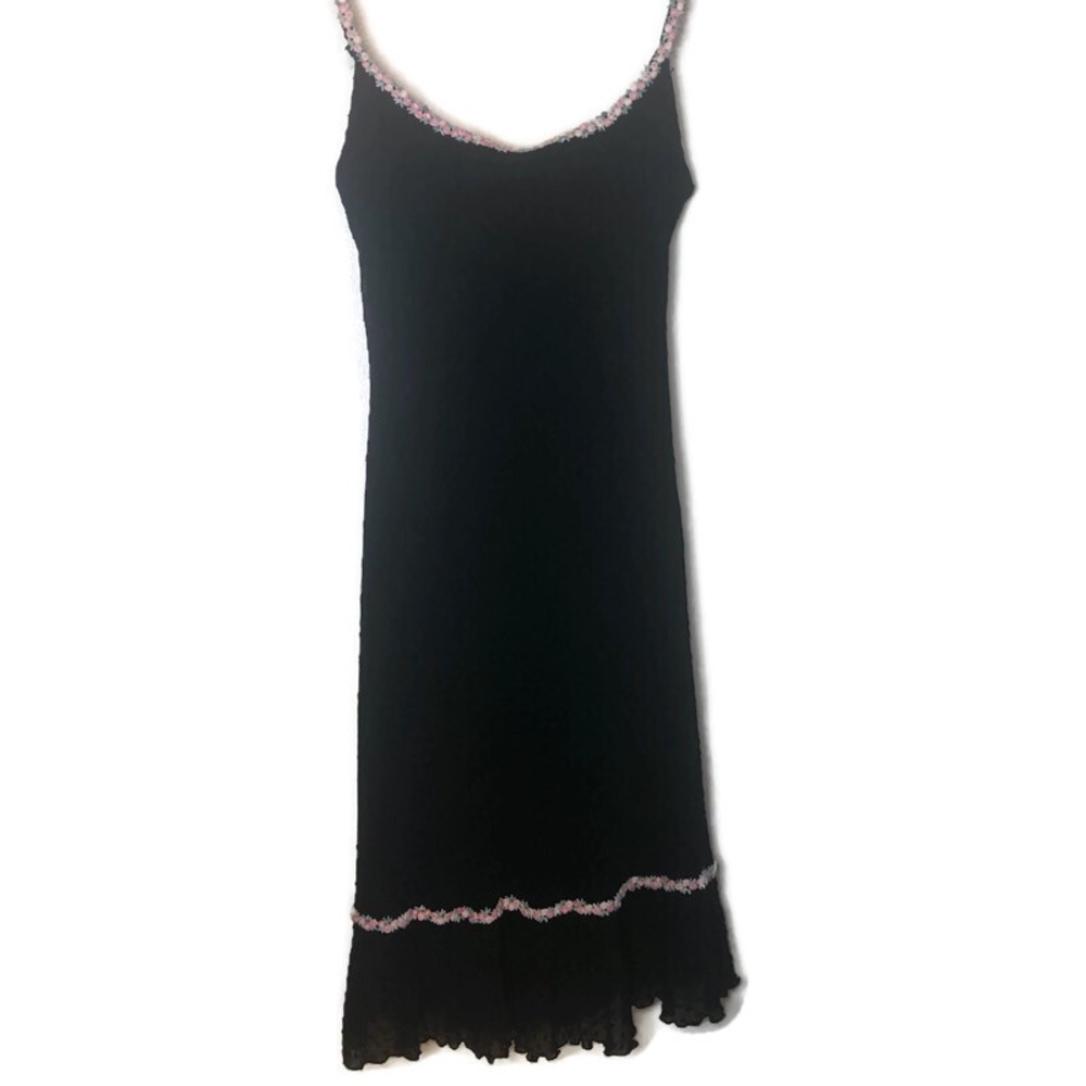 Vintage Betsey Johnson 90’s Swiss Dot Black Dress with Pink Flowers Trim